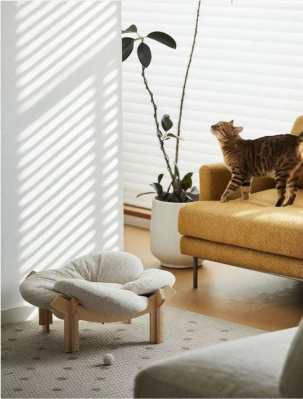 Minimal Wooden Base Cat Bed – Modern Elevated Pet Lounge